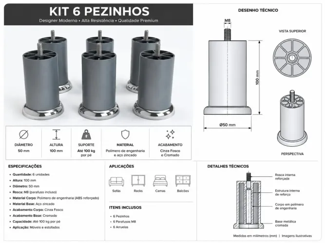 KIT 06 Pezinhos para Cama, Cômoda, Guarda Roupas, armários, geladeira, puffs e outros