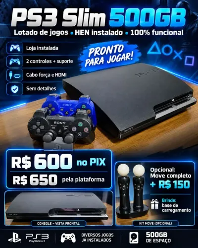 PS3 Slim, 500GB, 2 controles - PlayStation 3