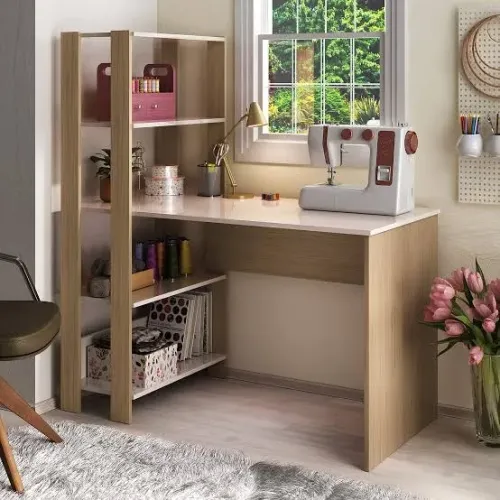 Mesa para Estudo Marta Carvalho/Off White com Prateleiras