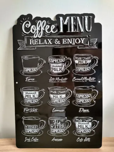 Placa decorativa Coffe Menu em aço anodizado vintage 
