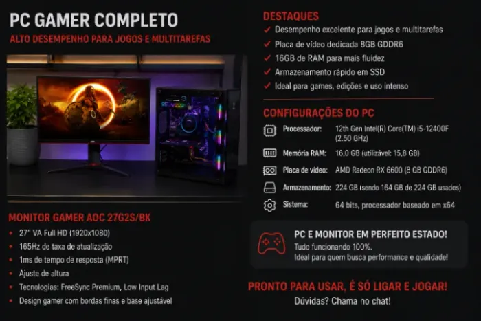 PC Gamer i5-12400F RX 6600 8GB + Monitor Gamer AOC 27" 165Hz