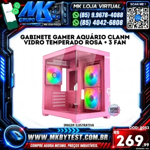 Gabinete Gamer aquário Clanm Vidro Temperado rosa + 3 fan