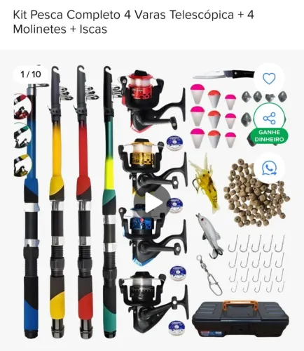 4 varas de peças com molinete e uma caixa com iscas e anzóis 