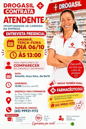 Entrevista amanhã, dia 05/10 (Terça-feira) - Vaga: Atendende na Drogasil 