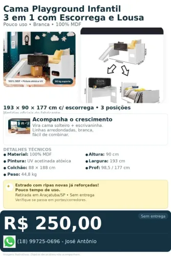 Cama Playground Infantil 3x1 com escorregador e lousa