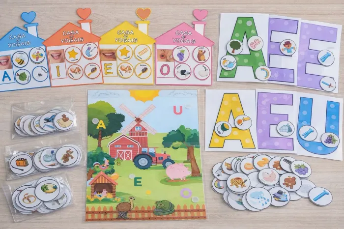 Kit Vogais Educação Infantil Completo - Plastificado com Velcro (3 Atividades)