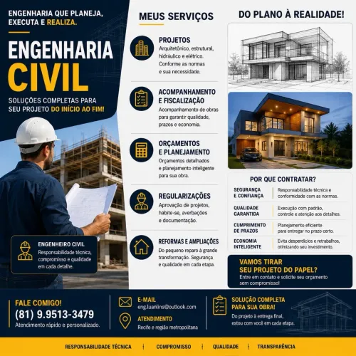 ENGENHEIRO CIVIL EM RECIFE | PROJETOS, ORÇAMENTOS E ACOMPANHAMENTO DE OBRAS