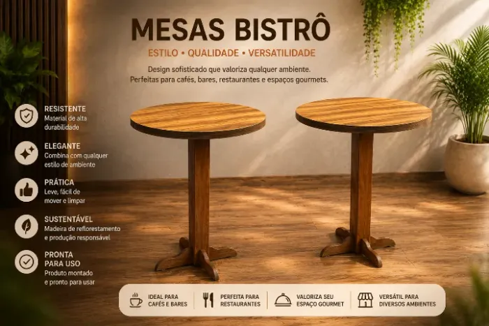 Mesa Bistrô Redonda de Madeira Maciça Estilo Industrial / Rústico
