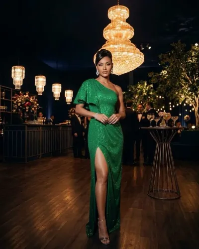 Vestido de festa verde paete sereia um ombro só fenda lateral babado no ombro