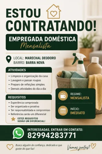 Vaga de empregada doméstica Marechal Deodoro/Barra nova.