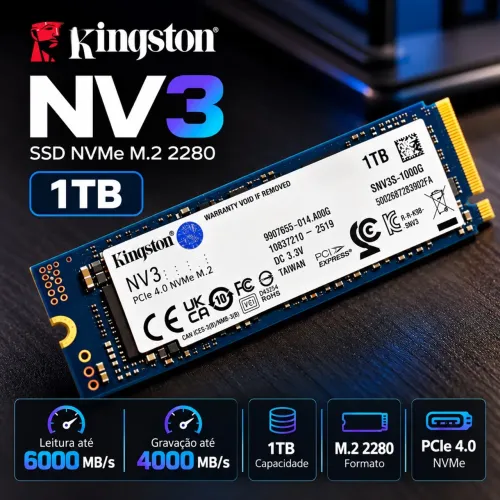 SSD Kingston NV3, 1TB, M.2 2280, PCIe 4.0 NVMe, Leitura 6000MB/s, Gravacao 4000MB/s