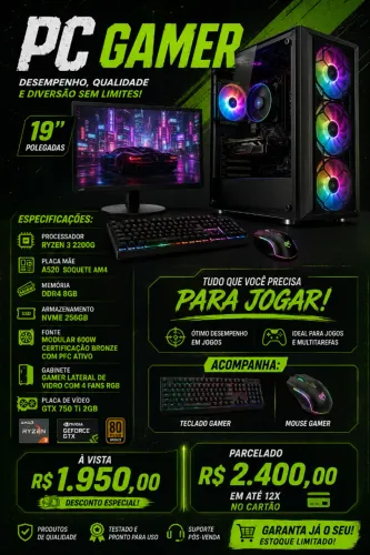 PC Gamer Ryzen Novo com NVME 256GB- monitor usado de 19 completo
