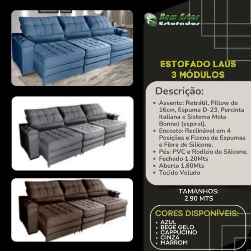 SOFÁ RETRATIL E RECLINAVEL C/ MOLAS BONNEL VELUDO 2.90MTS