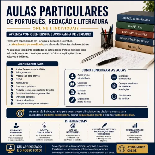 AULAS PARTICULARES DE PORTUGUÊS, REDAÇÃO E LITERATURA 