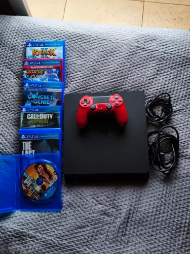 PlayStation 4 Slim 1TB + Controle Vermelho + 6 Jogos (GTA V, The Last of Us) - Negociável
