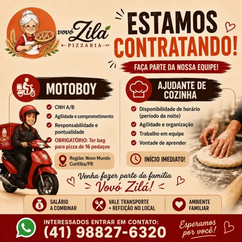 Ajudante de cozinha e motoboy com início imediato 