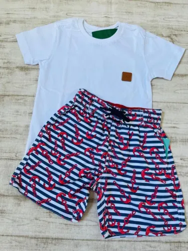 Conjunto Infantil - Camiseta Branca + Bermuda Listrada Ancora