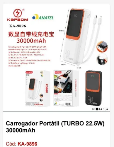 Carregador Portátil Turbo 22.5W 30000mAh - KA-9896