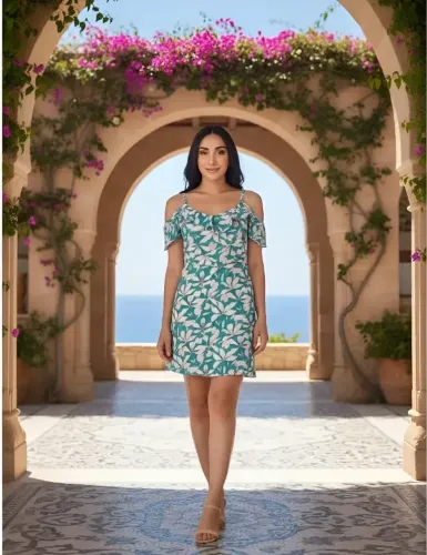 vestido feminino open shoulder floral manga curta estampado off white