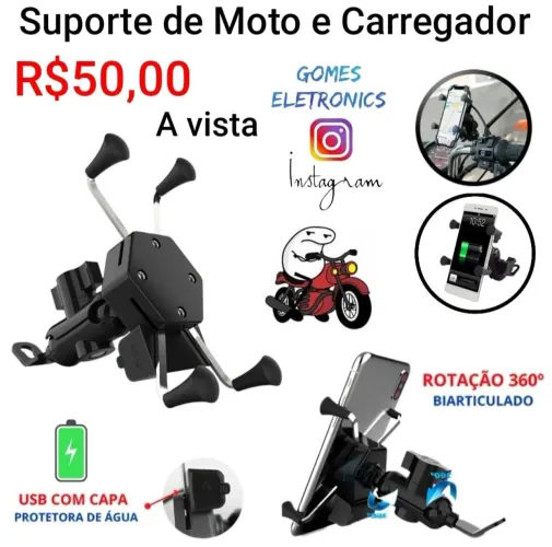 Suporte para celular Para Moto, de Garra de Metal e Giro de 360 ° com usb R$50,00