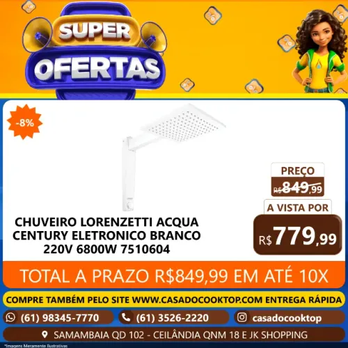 CHUVEIRO LORENZETTI ACQUA CENTURY ELETRONICO BRANCO 220V 6800W 7510604