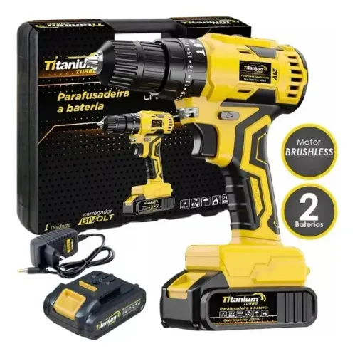 Parafusadeira Furadeira 21v C/ Impacto Brushless - 2 Bateria Cor Amarelo