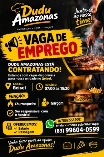 VAGA DE EMPREGO CHURRASQUEIRO E GARCON