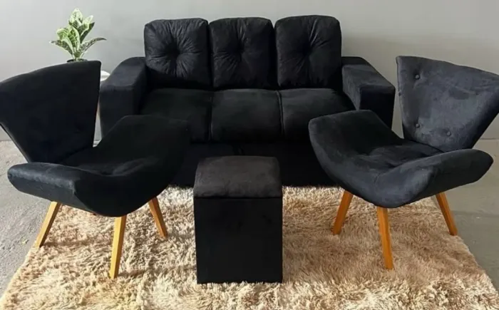 Kit Sofá 3 Lugares com almofadas soltas, 2 Poltronas e um Puff - Entrega Imediata;