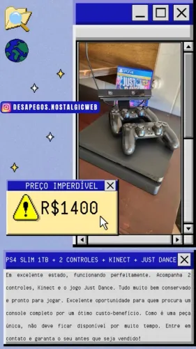 PS4 SLIM 1TB COM KINECT DOIS CONTROLES.