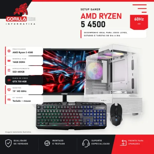 PC Gamer Completo Ryzen 5 4500 GTX 750 4GB 16GB SSD 480GB Monitor 19"