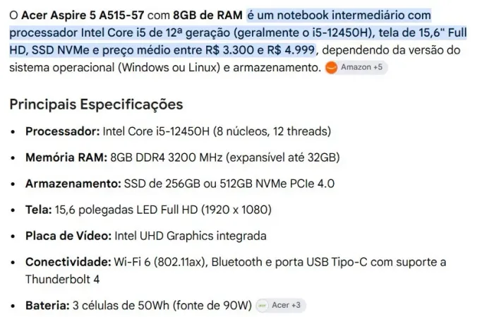 Notebook Aspire A515-57