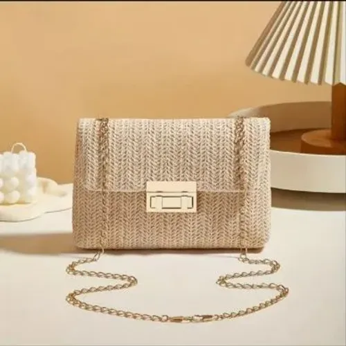 Bolsa Feminina de Ombro de Palha Tecida Bege