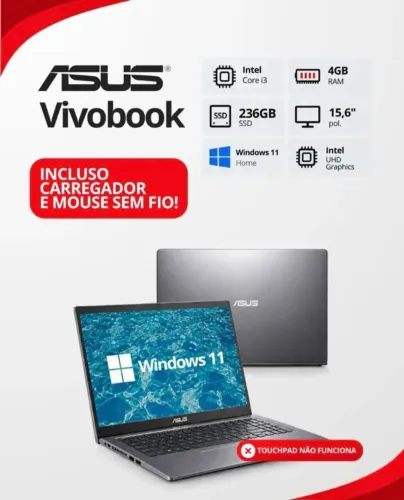 Notebook ASUS Vivobook - i3 4gb RAM SSD 236Gb + Carregador original e Mouse Bluetooth