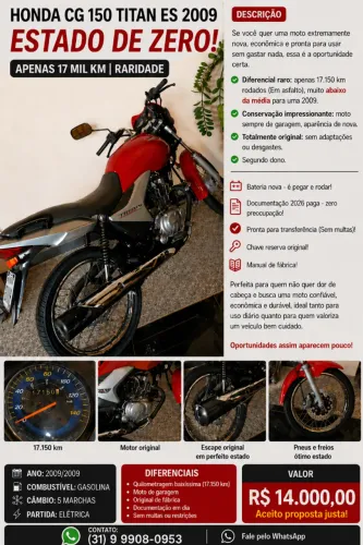 Honda Cg 150 Titan Es 2009 Vermelha - Apenas 17 Mil Km