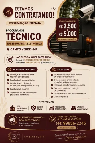 VAGA | Técnico em segurança eletrônica