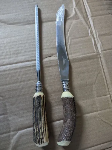 Conjunto de 2 peças vintage Sheffield Inglaterra Premier para trinchar carne em chifre