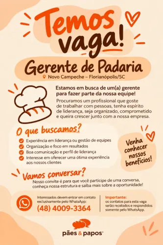 VAGA DE EMPREGO - GERENTE DE PADARIA