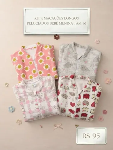 kit 4 macacões longos peluciados bebê menina m