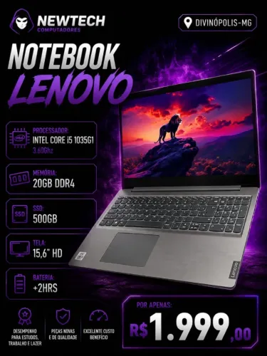 Notebook Lenovo i5 10a Ger / Mem 20Gb / SSD 500Gb / Tela 15.6" / Bat +2hrs (aceito cartão)