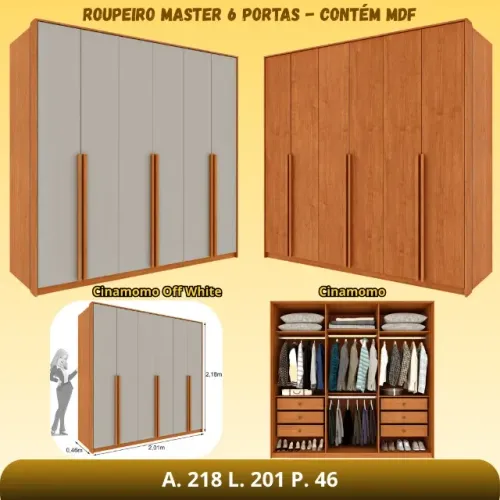 Guarda Roupa Casal 2 metros 6 gavetas 100% MDF
