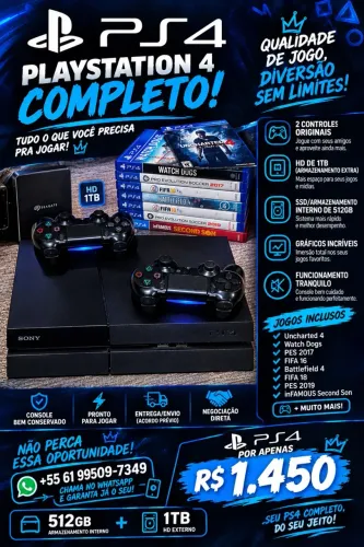 ? PS4 Fat 512GB + HD 1TB + 2 Controles + 8 Jogos | R$ 1.450 ?