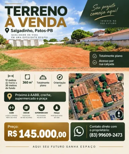 Terreno premium - 12 x 30 - 360 m² - Salgadinho, Patos-PB
