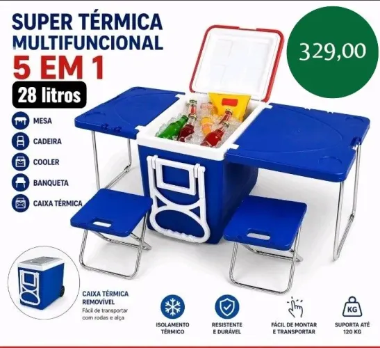 Caixa Cooler 5 Em 1 Super Térmica Com Mesas E 2 Bancos