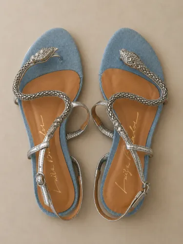 Sandália Luiza Barcelos Azul com Detalhes em Cobra Prateada | Elegante e Sofisticada