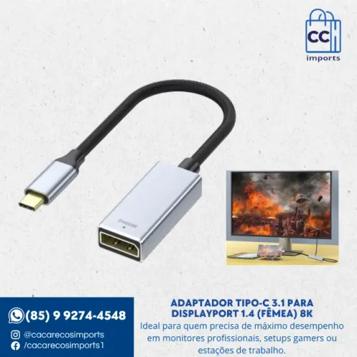 Adaptador Tipo-C 3.1 para DisplayPort 1.4 (Fêmea) 8K | Novo | Garantia | Entrega Rápida