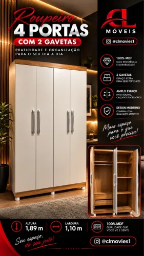 Roupeiro 4 portas com duas gavetas 100%MDF