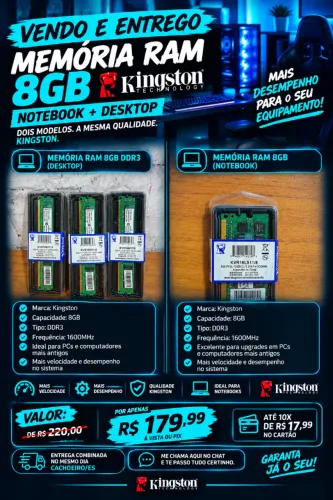 VENDO E ENTREGO Memória RAM 8GB Kingston Notebook E Desktop 8GB DDR3 1600MHz ? Produto no