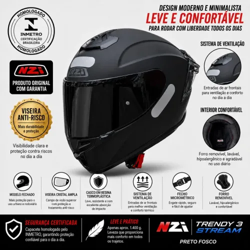 Capacete NZI Trendy 3 Preto Fosco (Tamanho XL/61-62) - Seminovo + Viseira Fumê Extra