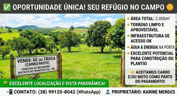 Chácaras a partir de 1000 metros quadrados, com água e luz 