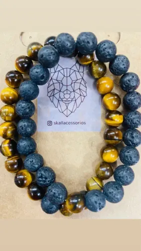 Pulseira Pedra Vulcânica e Olho de Tigre - Esferas 8 mm